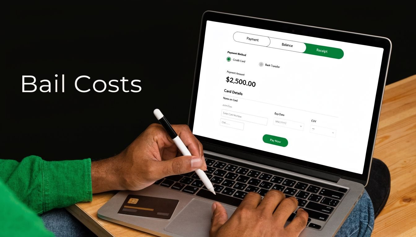 A person using a laptop to make an online payment for bail costs on a website.