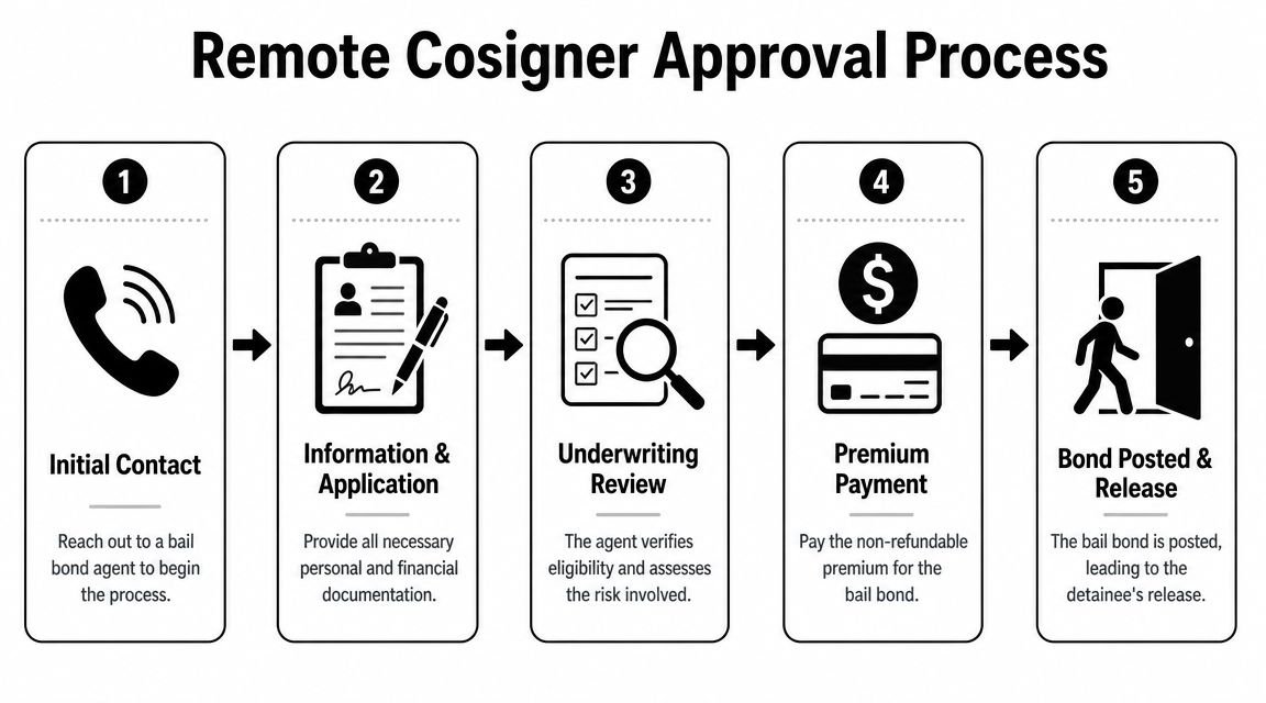 A five-step flowchart illustrating the remote cosigner approval process for securing a bail bond.