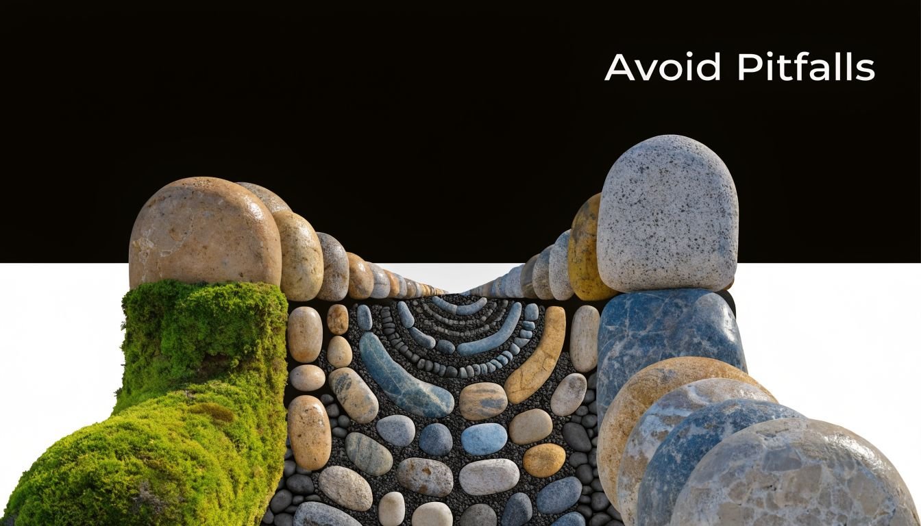 A pathway lined with rounded stones and moss, leading toward a dark, metaphorical pitfall abyss.
