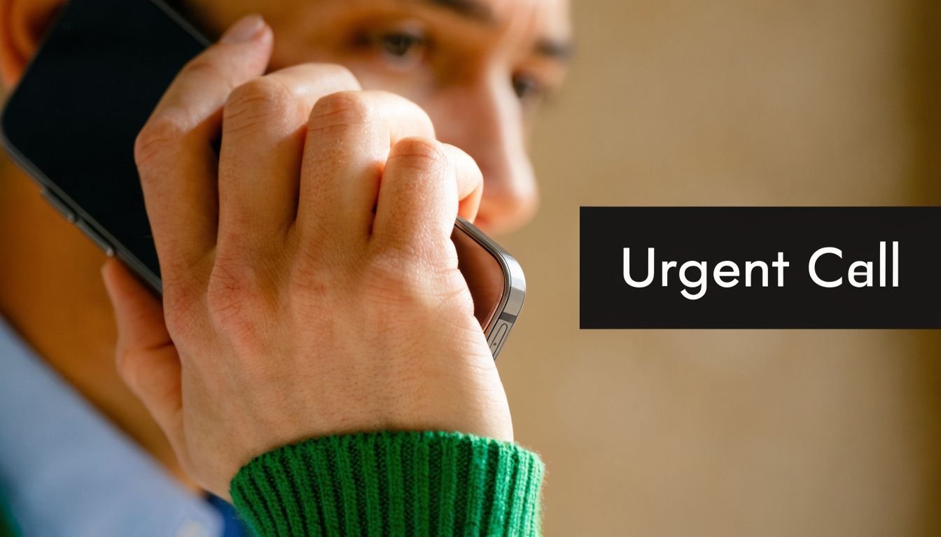 A person holding a smartphone to their ear, making an urgent business call indoors.