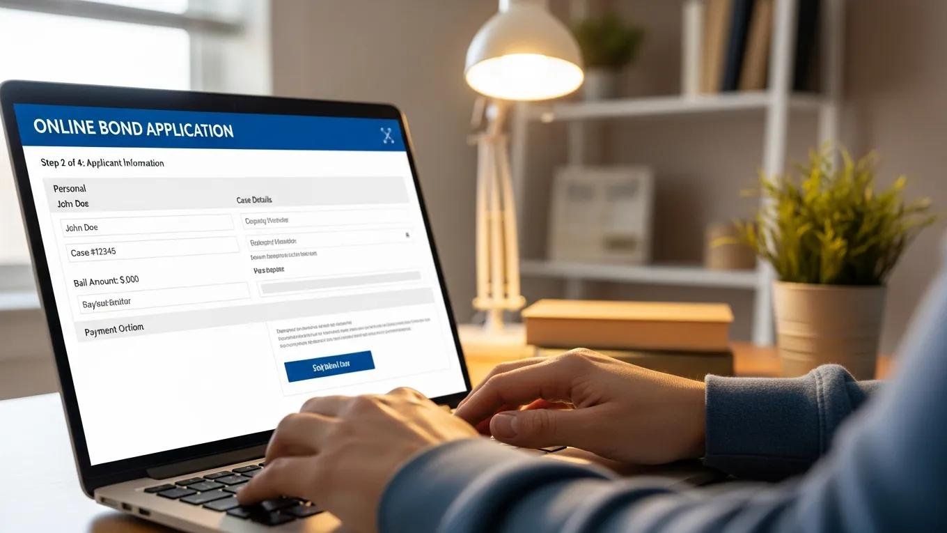 Person completing an online bail bond application on a laptop in a cozy home office
