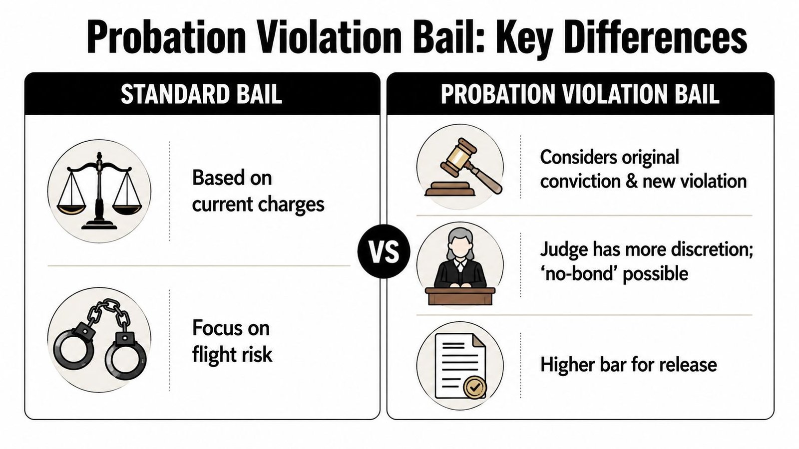 An infographic comparing standard bail and probation violation bail, highlighting legal differences in judicial discretion and requirements.