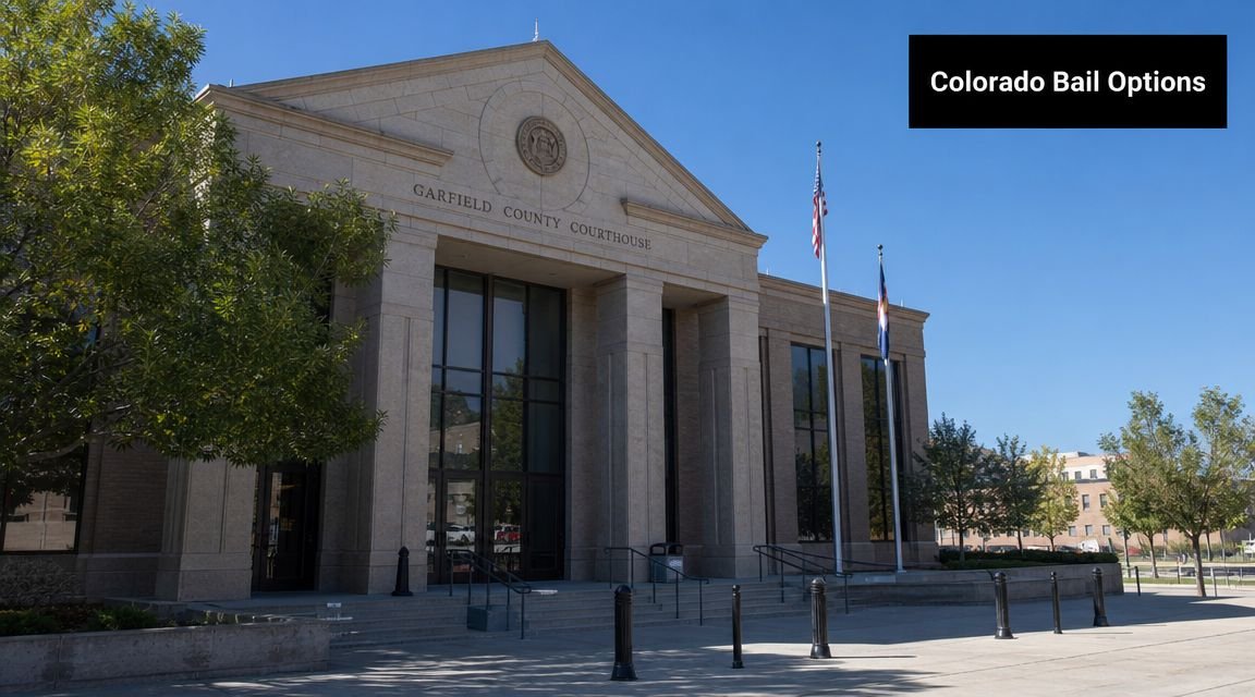 The exterior facade of the Garfield County Courthouse on a bright, sunny day in Colorado.