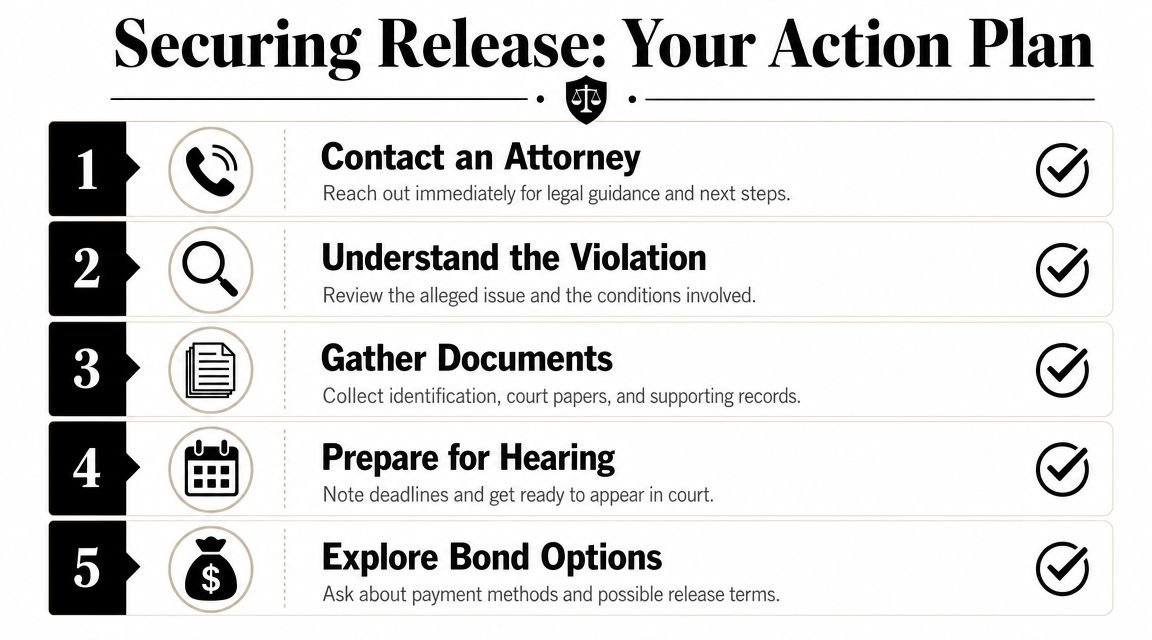 A five-step action plan infographic titled Securing Release for managing a probation violation or legal case.