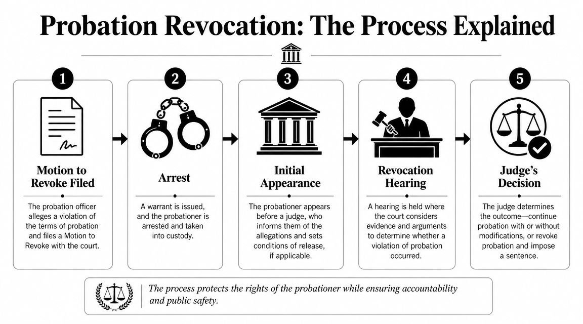 A five-step flowchart explaining the legal process of probation revocation, from the initial motion to the final decision.