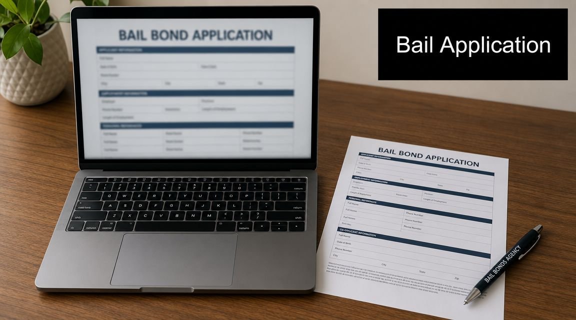 A laptop and a paper bail bond application form sitting on a wooden desk with a pen.