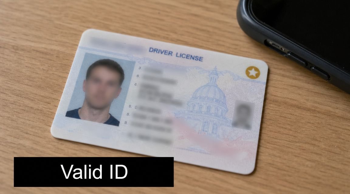 A close-up view of a driver's license ID card placed on a wooden desk next to a smartphone.