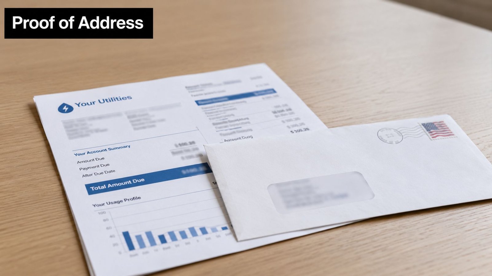 A utility bill and a mailing envelope resting on a wooden desk, symbolizing proof of address verification.