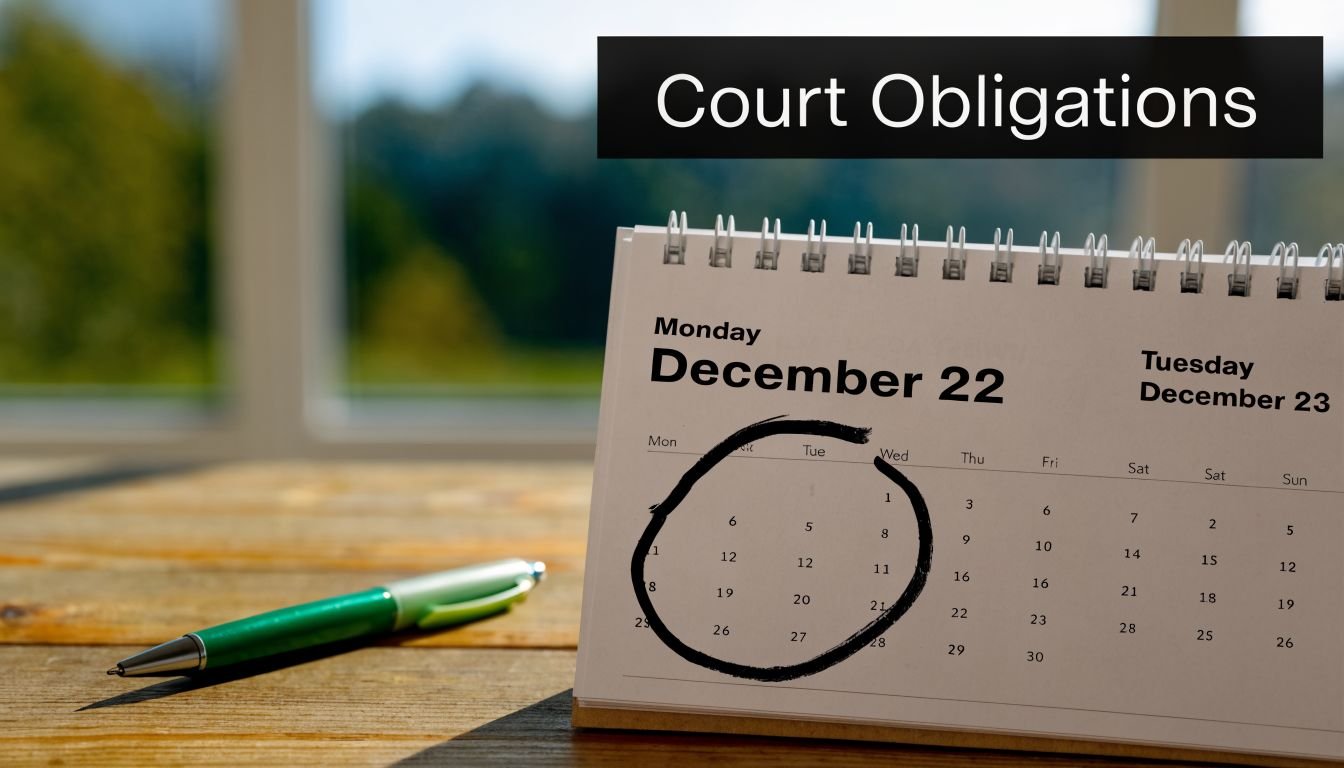 A calendar showing December 22 with a black circle around dates on a wooden office desk.