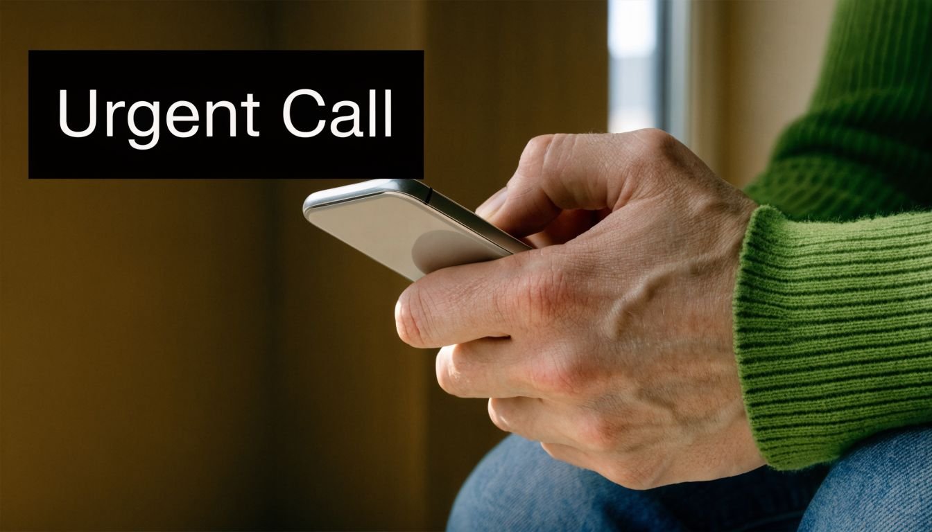 A person wearing a green sweater holding a smartphone while waiting for an urgent call.