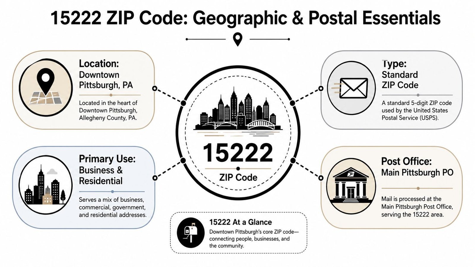 An infographic showing geographic and postal details for the 15222 ZIP code in downtown Pittsburgh, Pennsylvania.