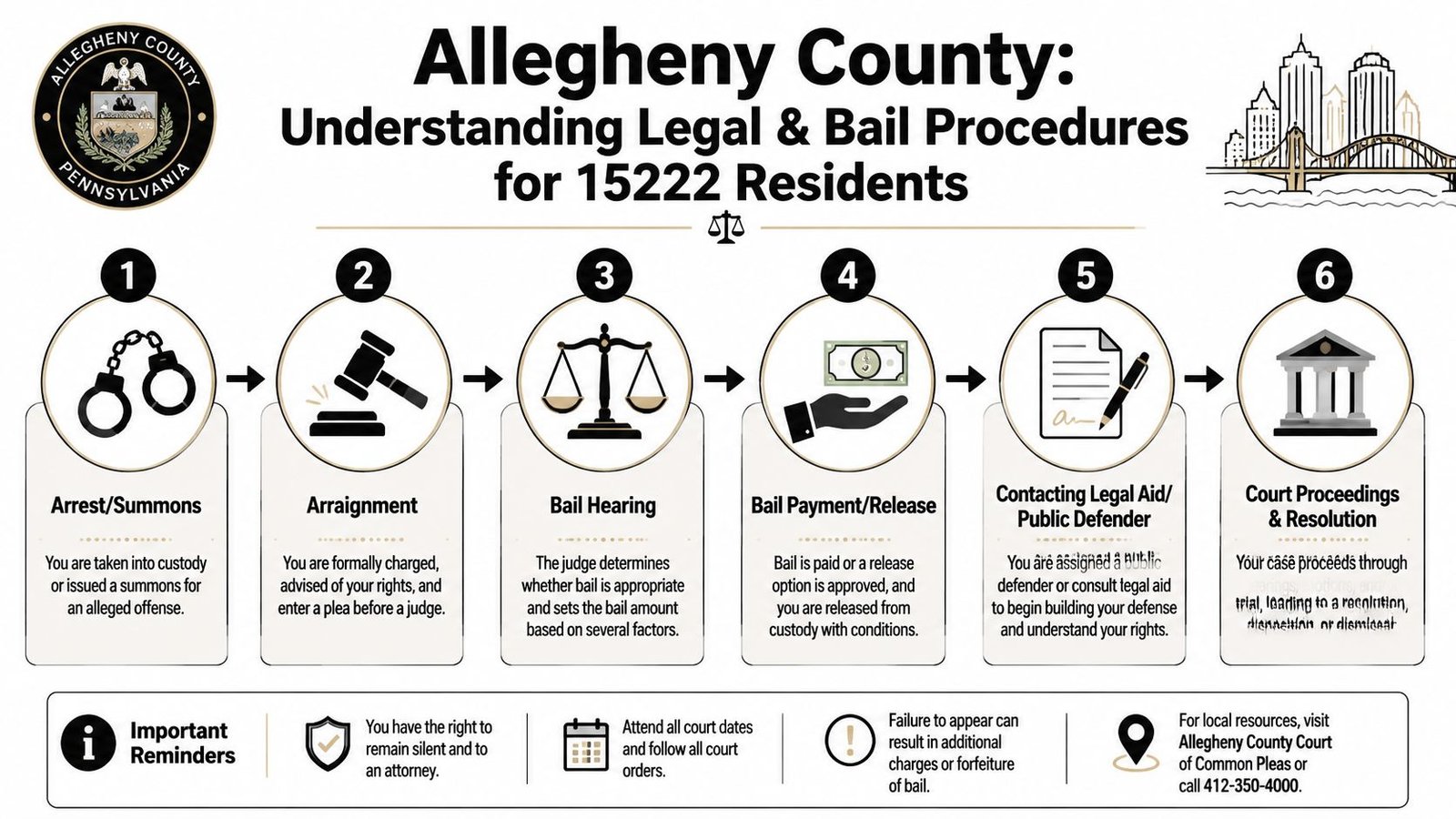 A six-step infographic detailing the legal and bail procedures for Allegheny County 15222 residents.