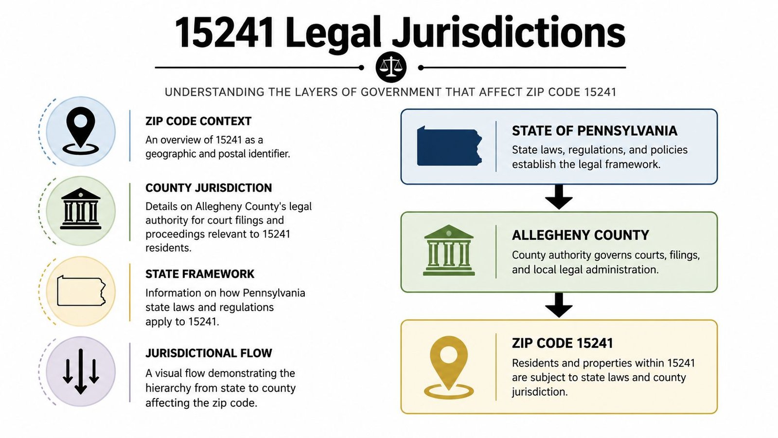 An infographic showing the hierarchical legal jurisdictions for residents of the 15241 zip code in Allegheny County, Pennsylvania.