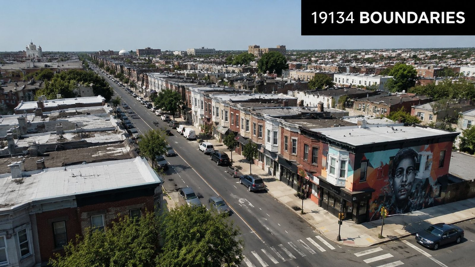 An aerial view of a Philadelphia city street in the 19134 zip code featuring row homes and murals.