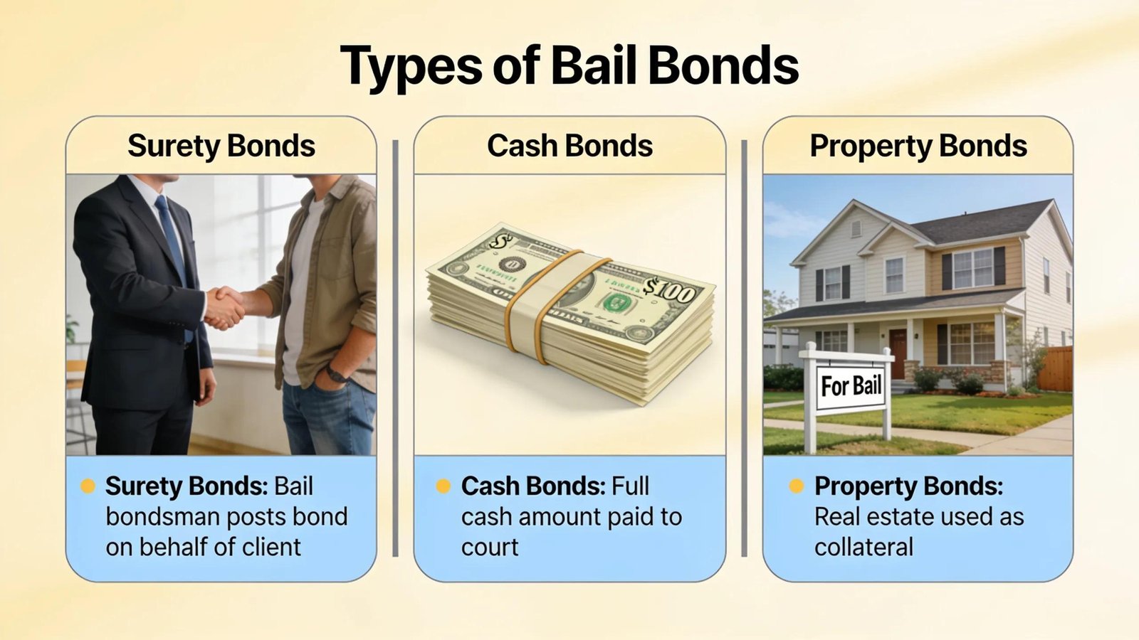 Visual representation of Surety, Cash, and Property bail bonds