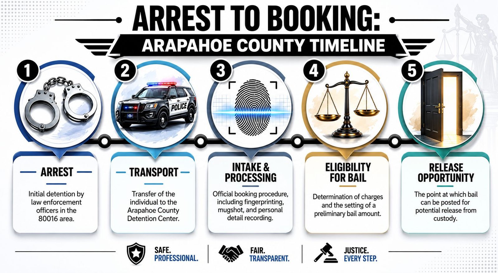 A flow chart depicting the five-step arrest to booking process for the Arapahoe County detention system.