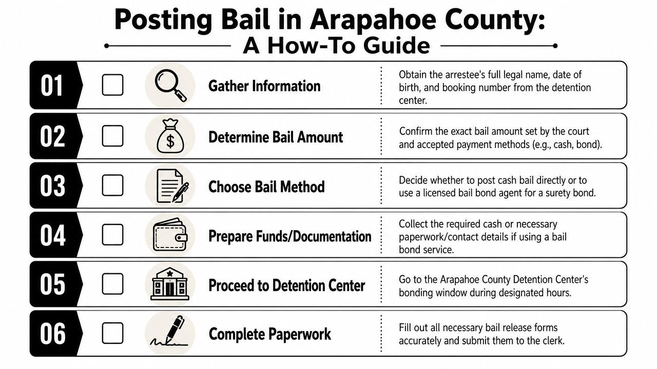 A step-by-step instructional guide on the process of posting bail at the Arapahoe County Detention Center.