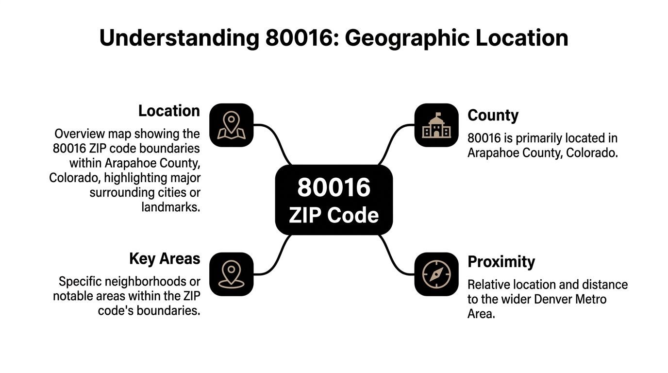 An infographic titled Understanding 80016 describing the geographic location, county, proximity, and key areas of the ZIP code.