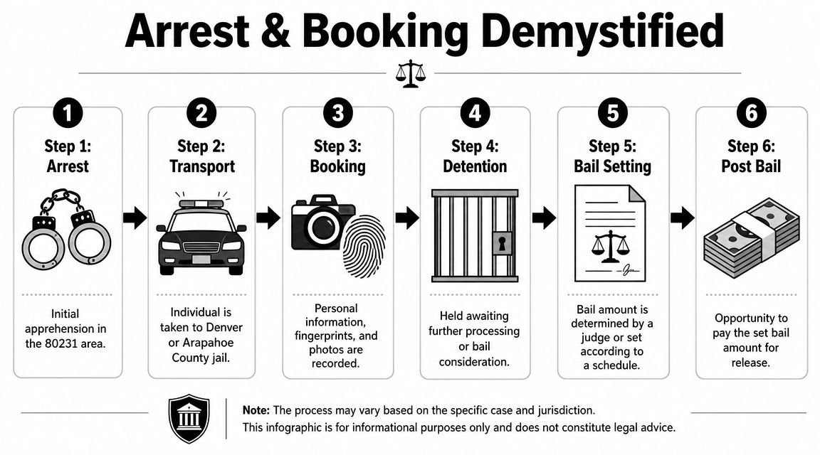 A flowchart infographic detailing the six steps of the arrest and booking process in Colorado.