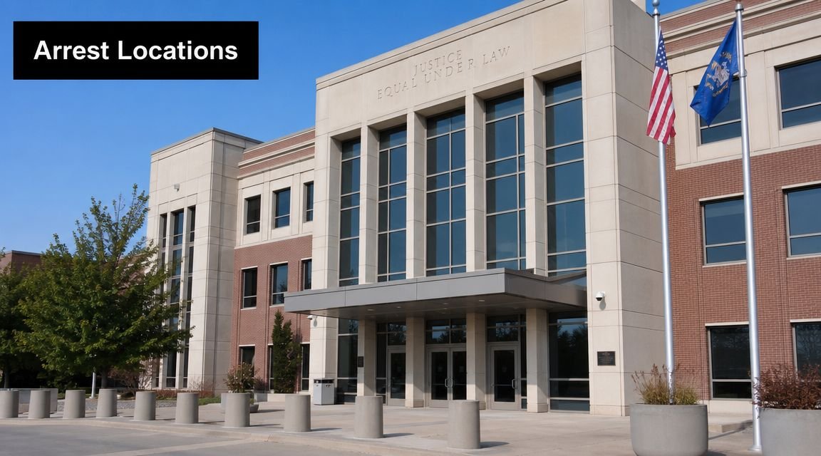 A view of a modern government building entrance featuring a stone facade and American flag poles.