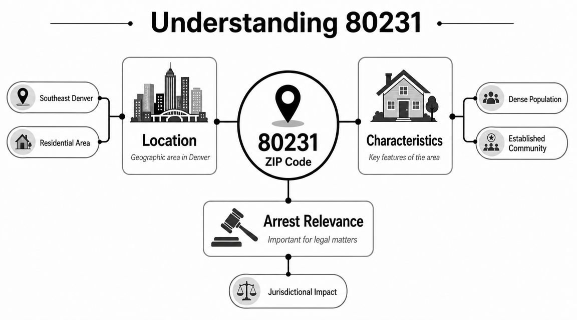 An infographic titled Understanding 80231 displaying location, characteristics, and arrest relevance for the Denver zip code.