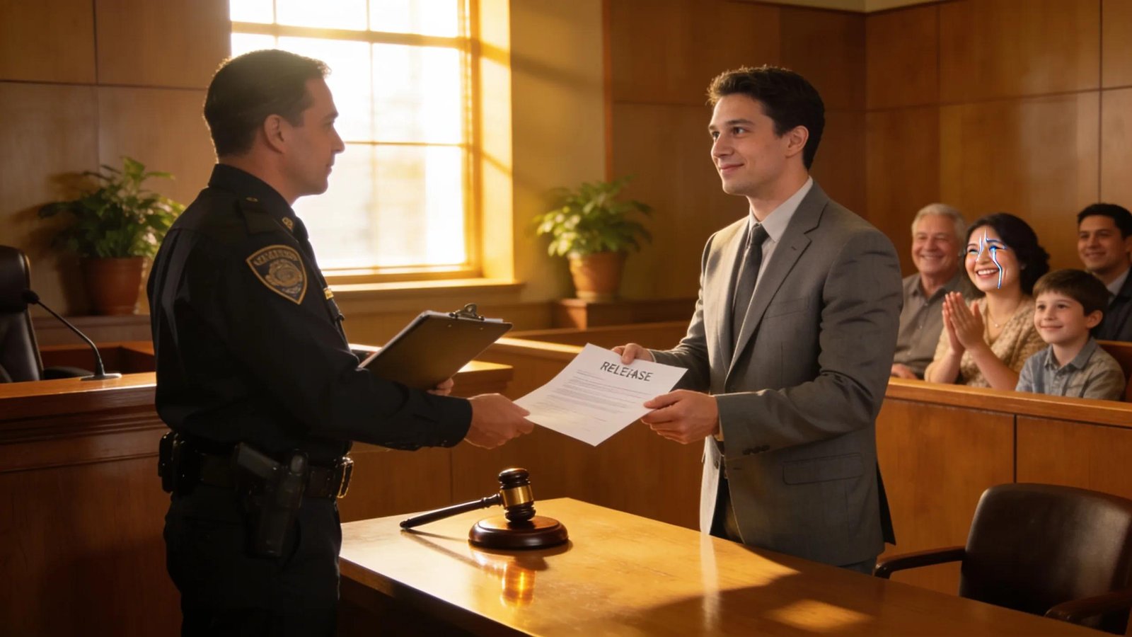 Defendant receiving release paperwork after posting bail in a courtroom