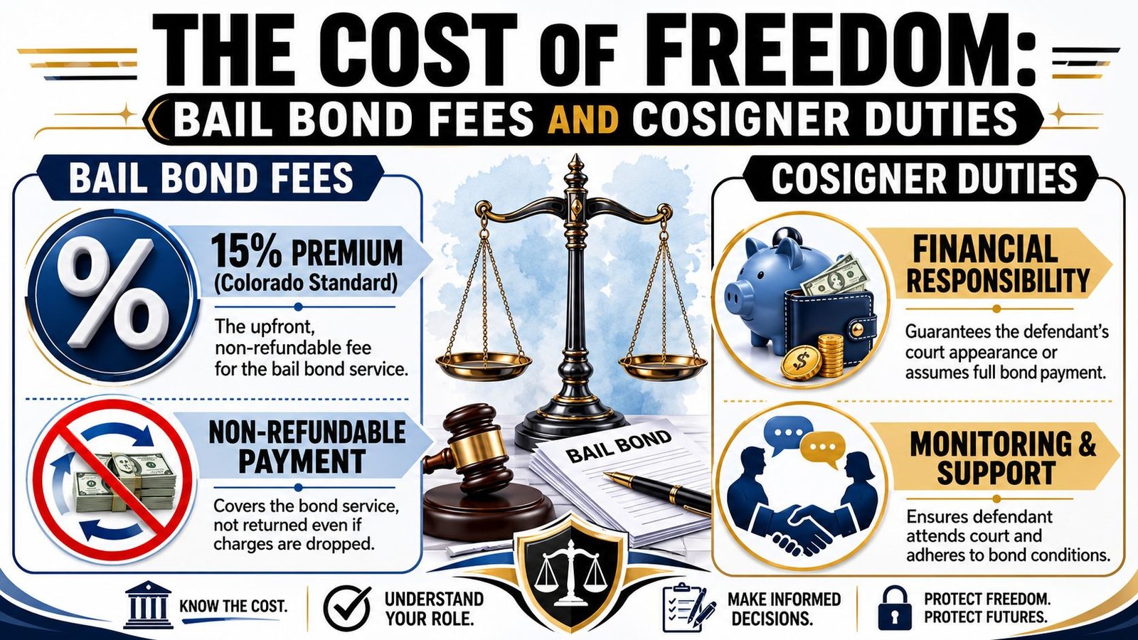An infographic explaining bail bond fees and cosigner duties with illustrations of scales, a gavel, and coins.