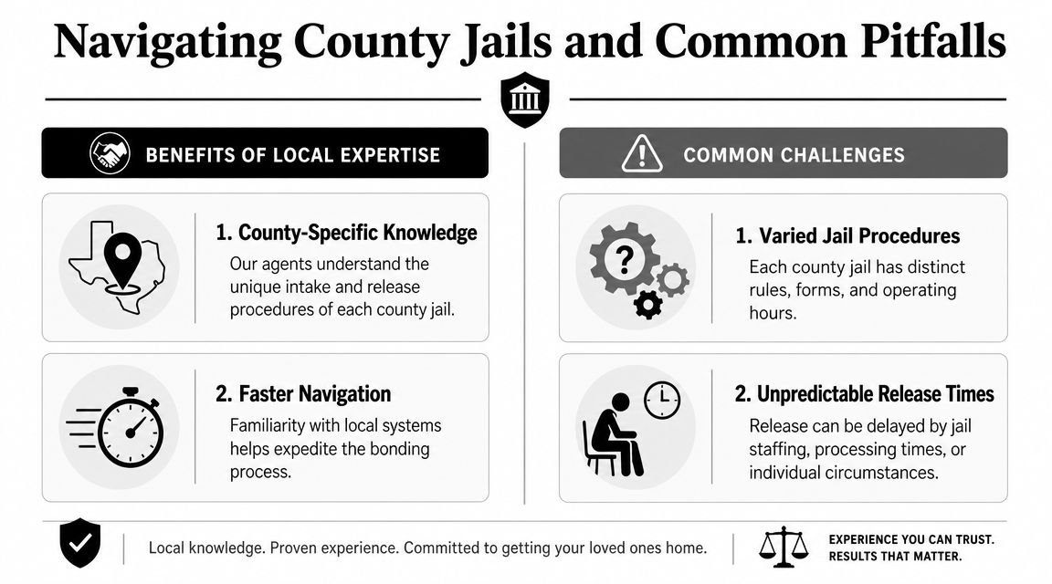 An infographic comparing the benefits of local bail bond expertise with common county jail navigation challenges.