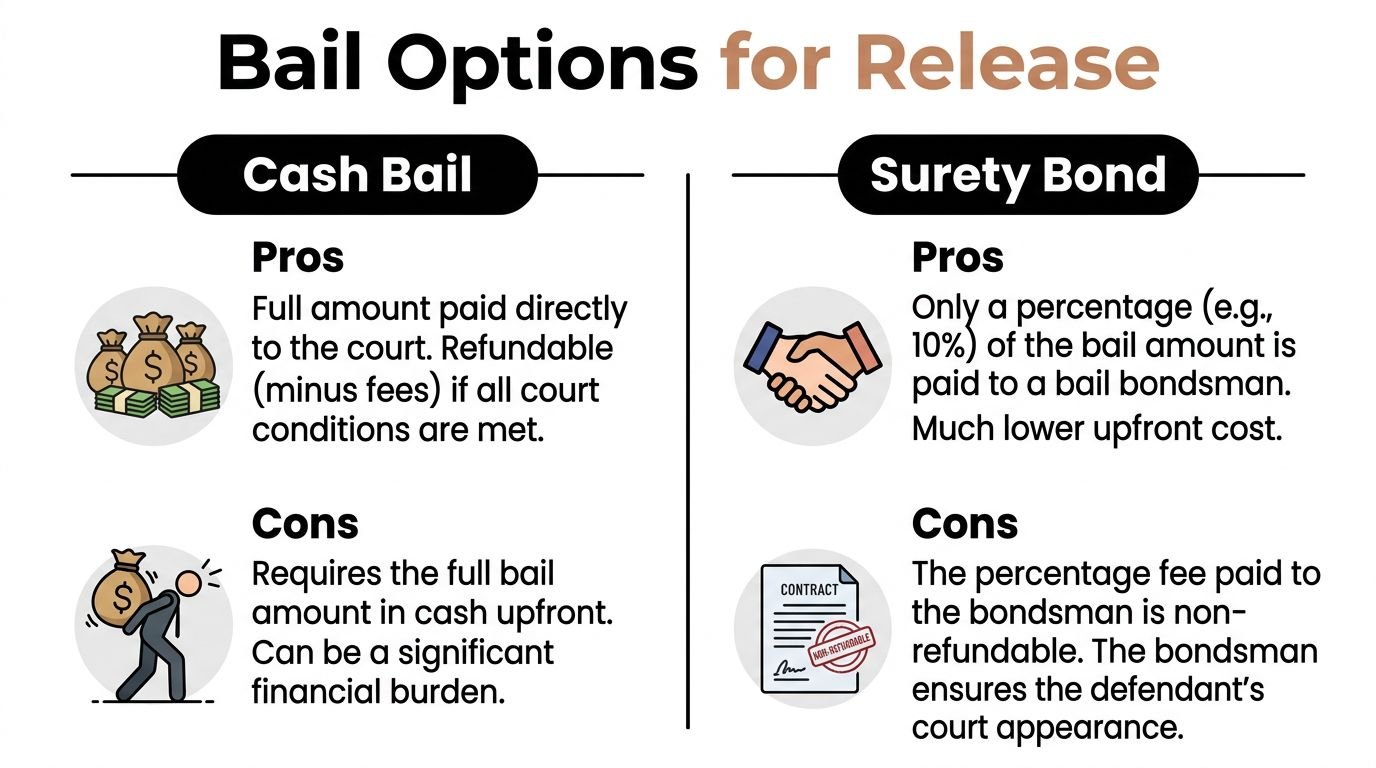 A comparison chart outlining the pros and cons of Cash Bail versus Surety Bond for legal release.