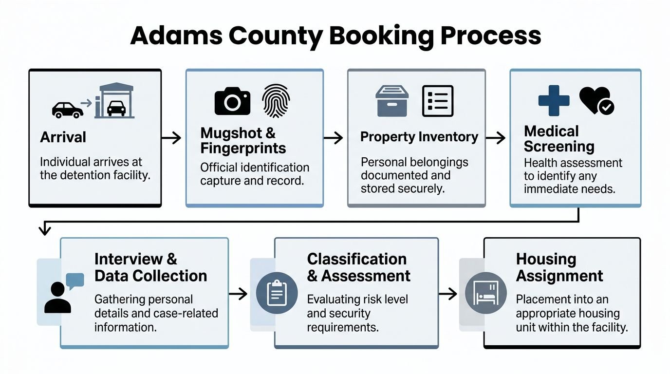 An infographic diagram outlining the Adams County detention facility booking process from arrival to housing assignment.