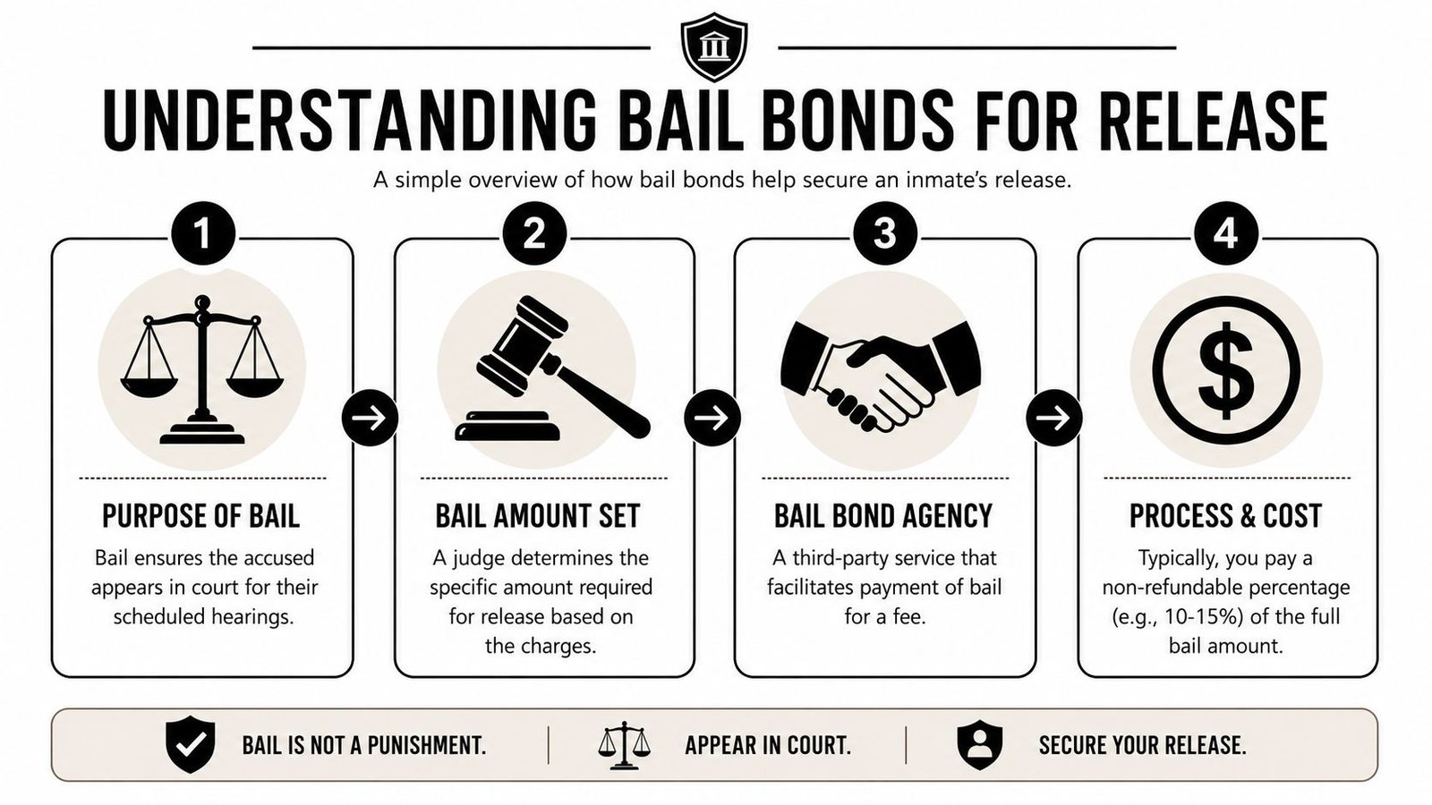 An infographic titled Understanding Bail Bonds for Release, outlining the four-step process for inmate bail procedures.