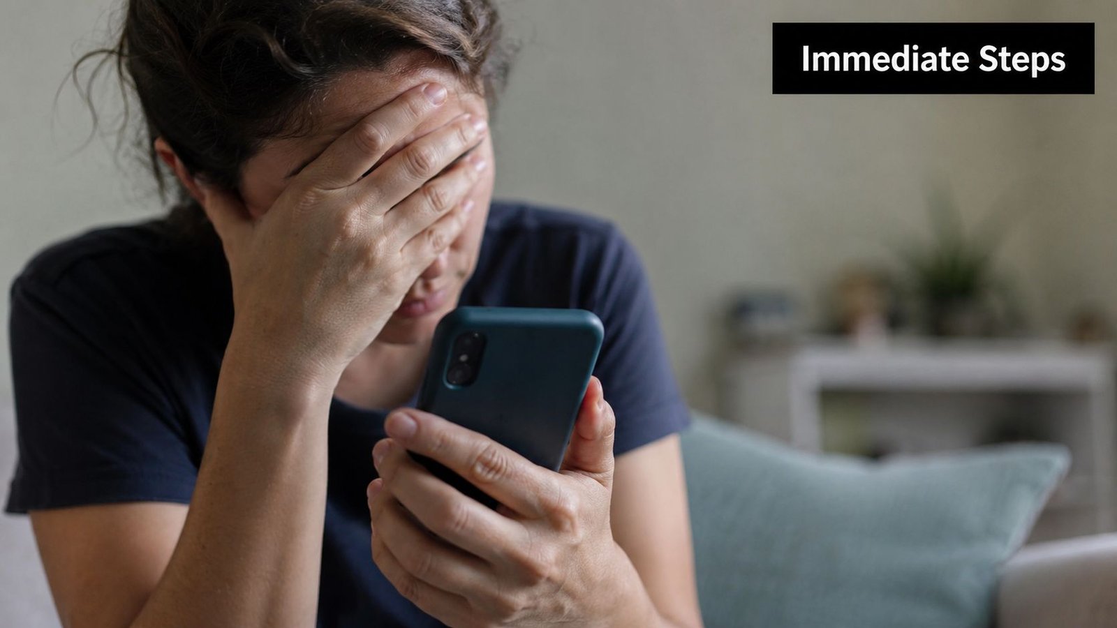 A distressed woman holding a mobile phone and covering her face with her hand while feeling stressed.