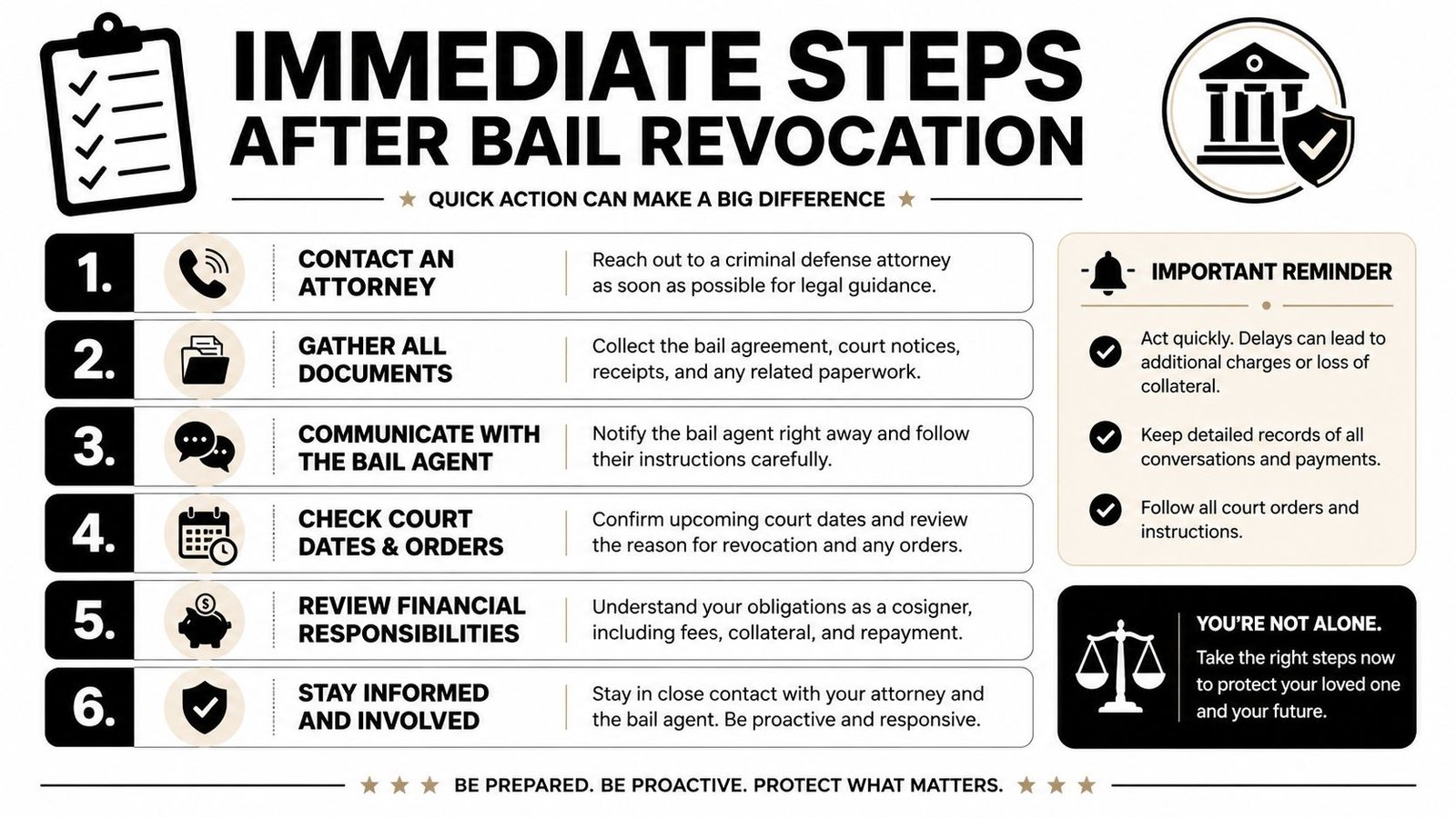 A structured checklist titled Immediate Steps After Bail Revocation outlining six essential actions for legal and bail situations.