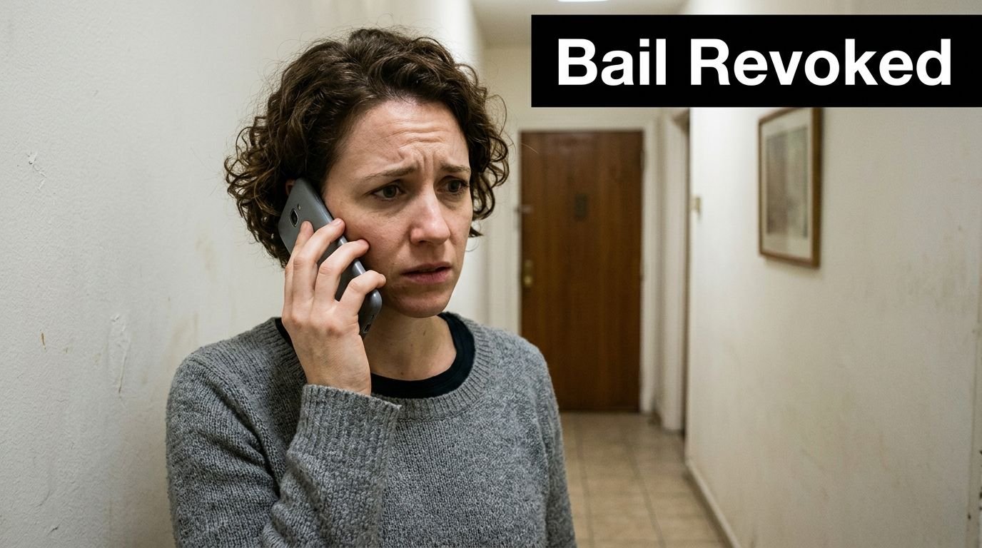 A concerned woman standing in a hallway talks on a smartphone after her bail was revoked.