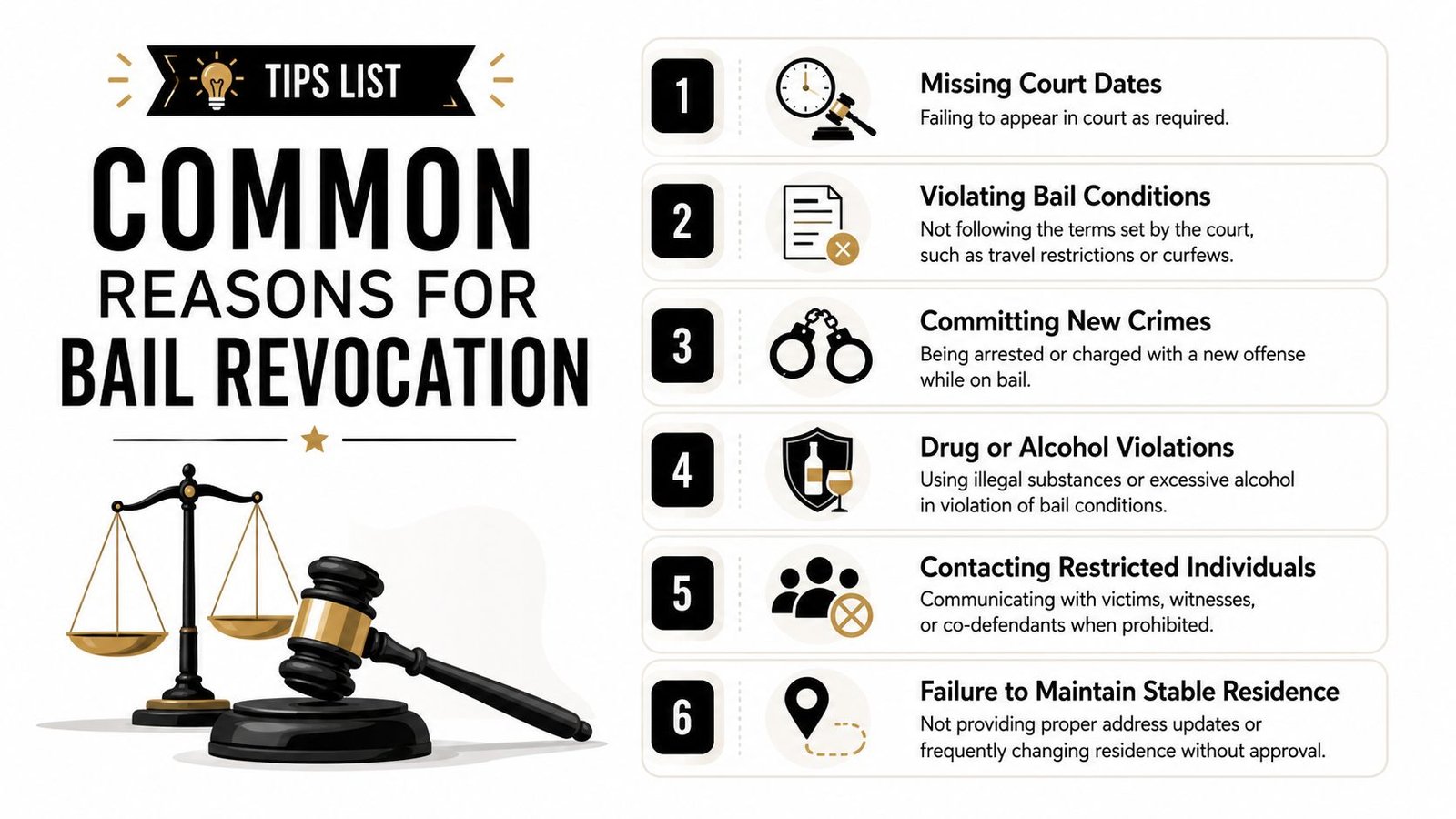An infographic detailing six common reasons for bail revocation, including missing court dates and violating conditions.