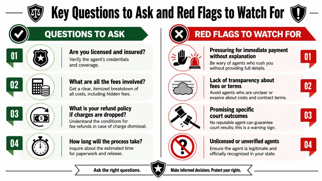 An infographic detailing key questions to ask bond agents and red flags to watch for during hiring.