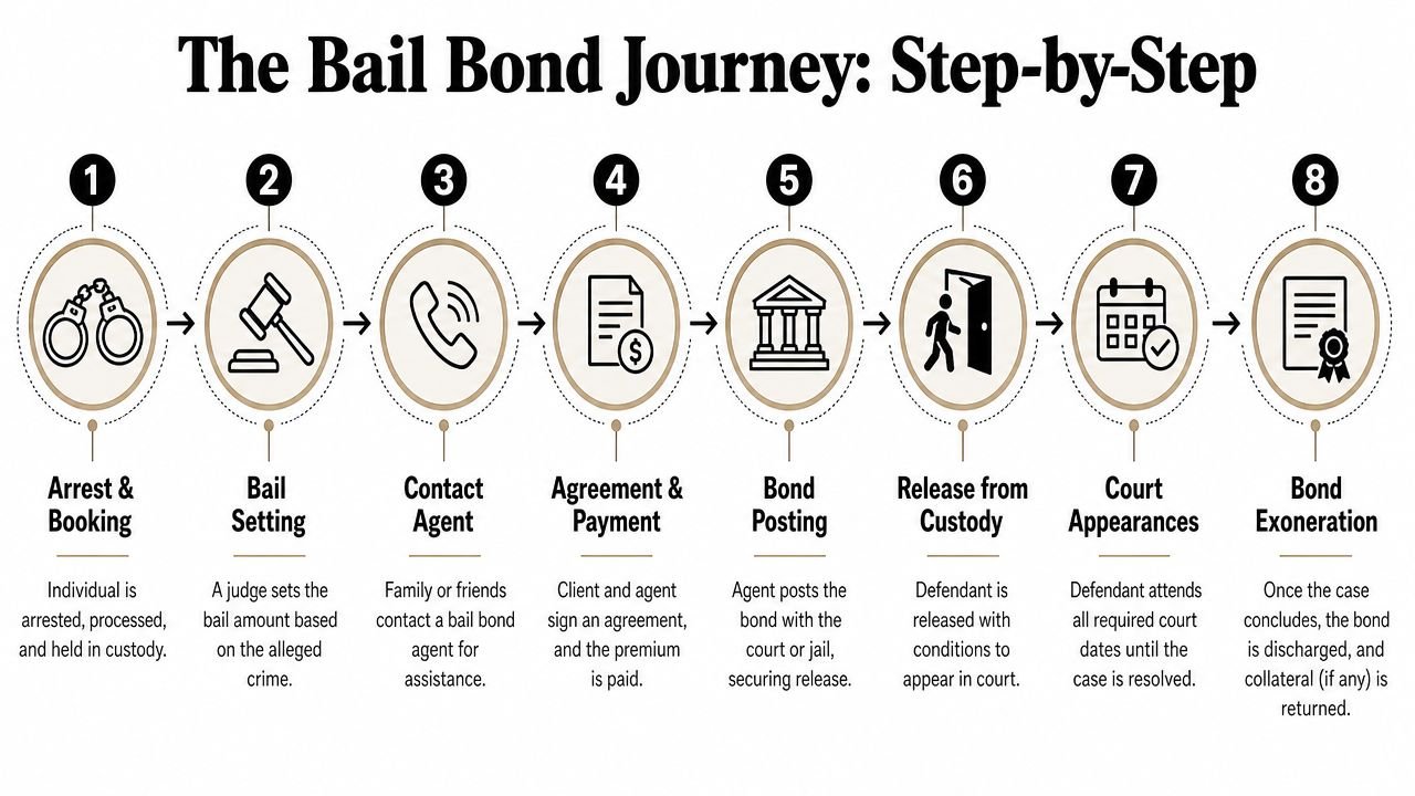 An infographic titled The Bail Bond Journey showing an eight-step process from arrest to bond exoneration.
