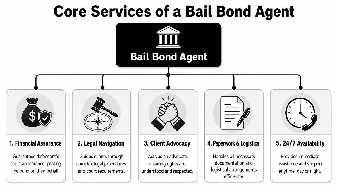 A diagram outlining the five core services provided by a bail bond agent to their clients.