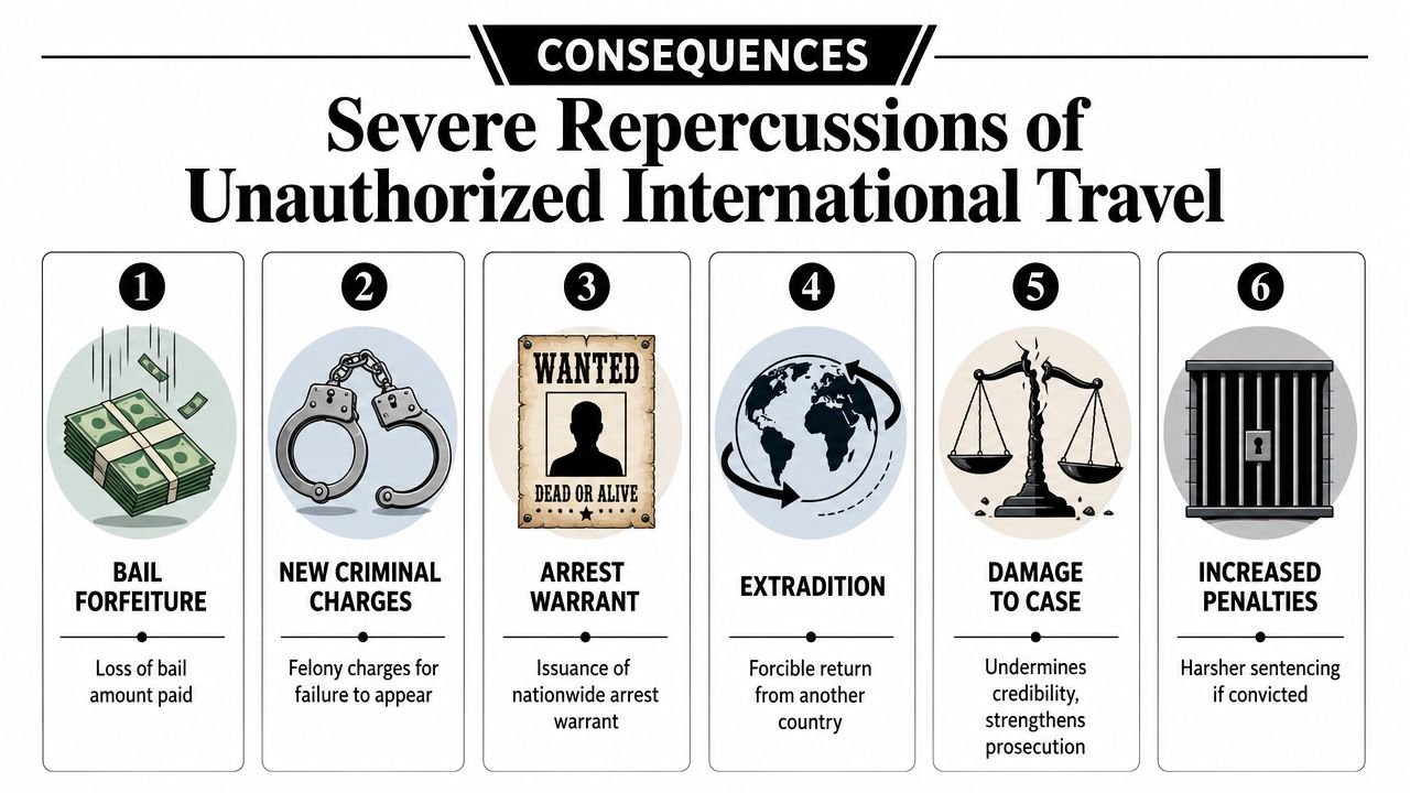 An infographic illustrating six legal consequences for unauthorized international travel while out on bail.