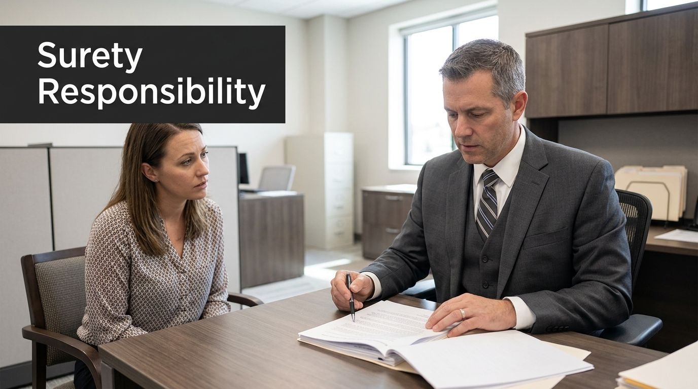 A professional man in a suit discussing legal document details with a woman in an office setting.