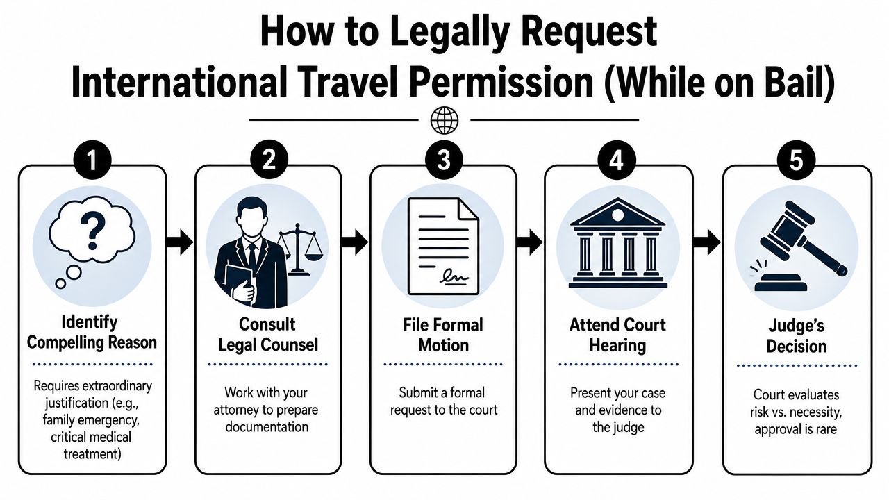 A five-step infographic showing the legal process for requesting international travel permission while on bail.