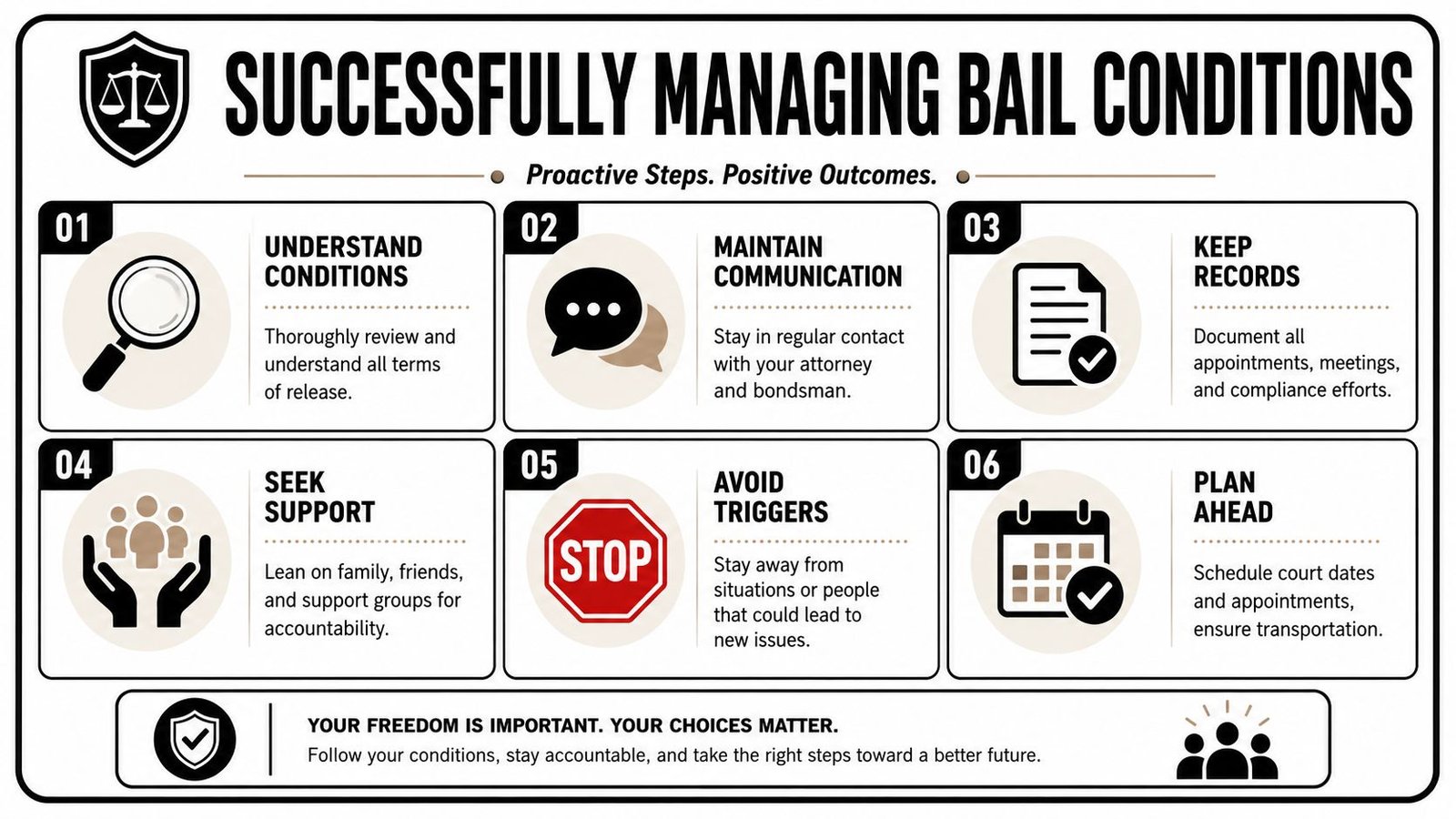 An infographic titled Successfully Managing Bail Conditions featuring six numbered steps for legal compliance and support.