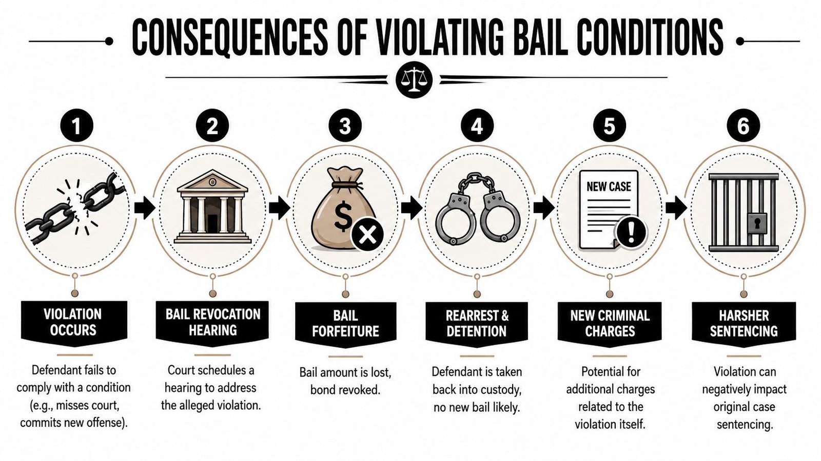 An infographic illustrating the six sequential steps and consequences of violating bail conditions in a legal system.