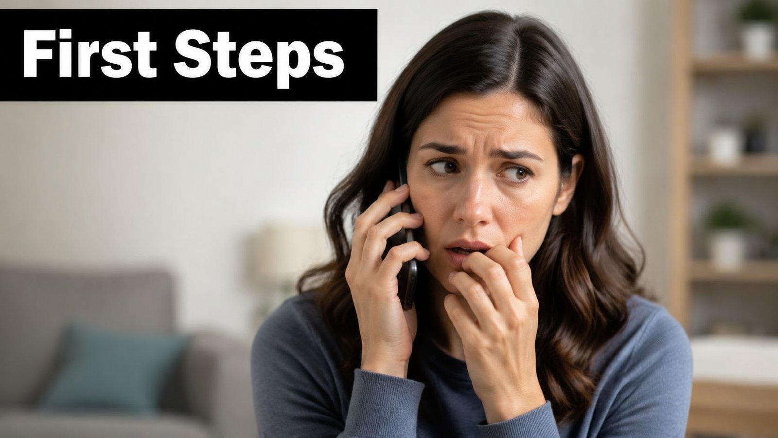 A worried woman talking on her smartphone while biting her nails in a home living room setting.