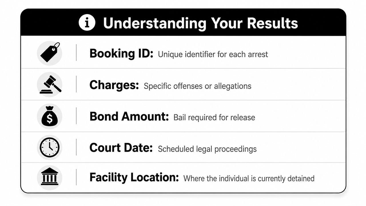 An infographic titled Understanding Your Results explaining common terms found in jail booking and arrest records.
