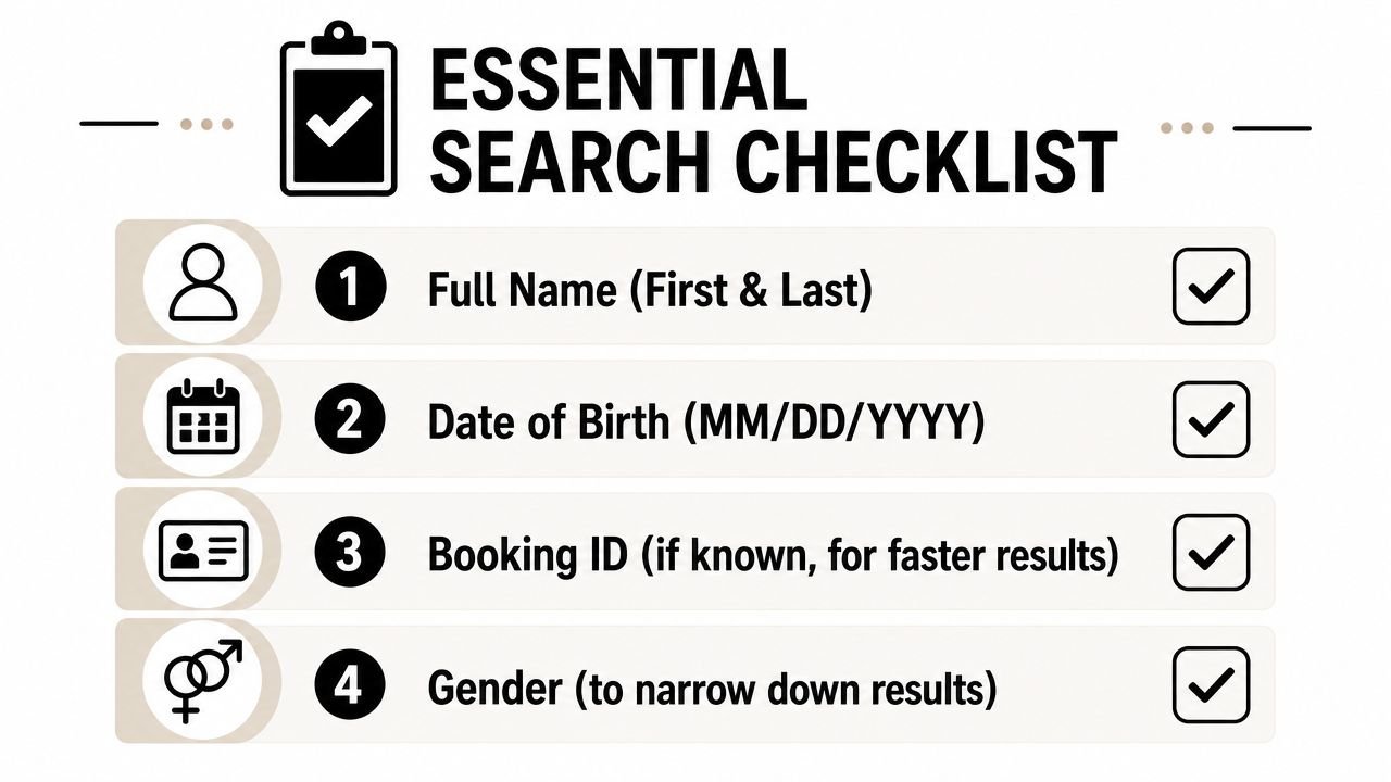 A checklist for jail searches showing four essential requirements to locate an inmate quickly and accurately.