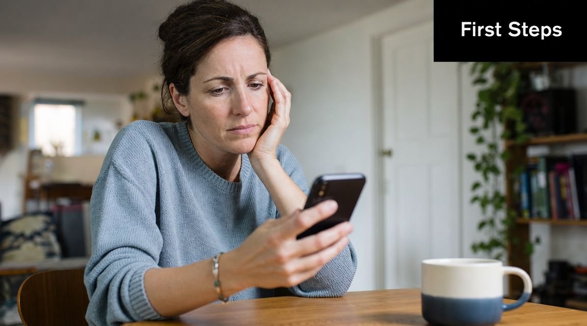 A concerned woman sitting at a table looking at her mobile phone with a worried expression.