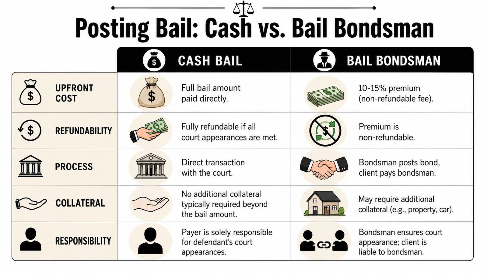 A comparison chart explaining the differences between paying cash bail directly or using a bail bondsman service.
