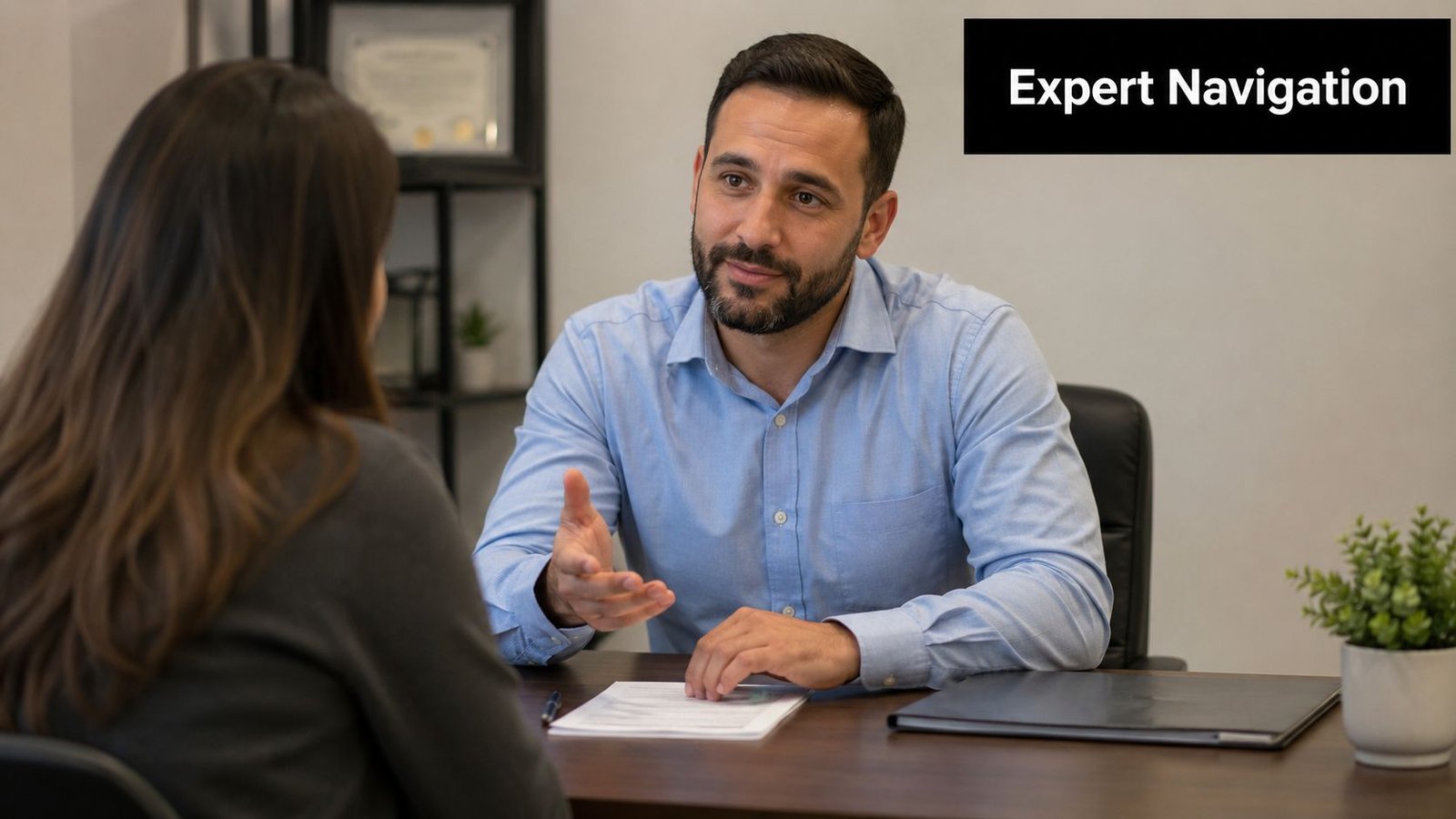 A professional man with a beard having a serious discussion with a female client at his office desk.
