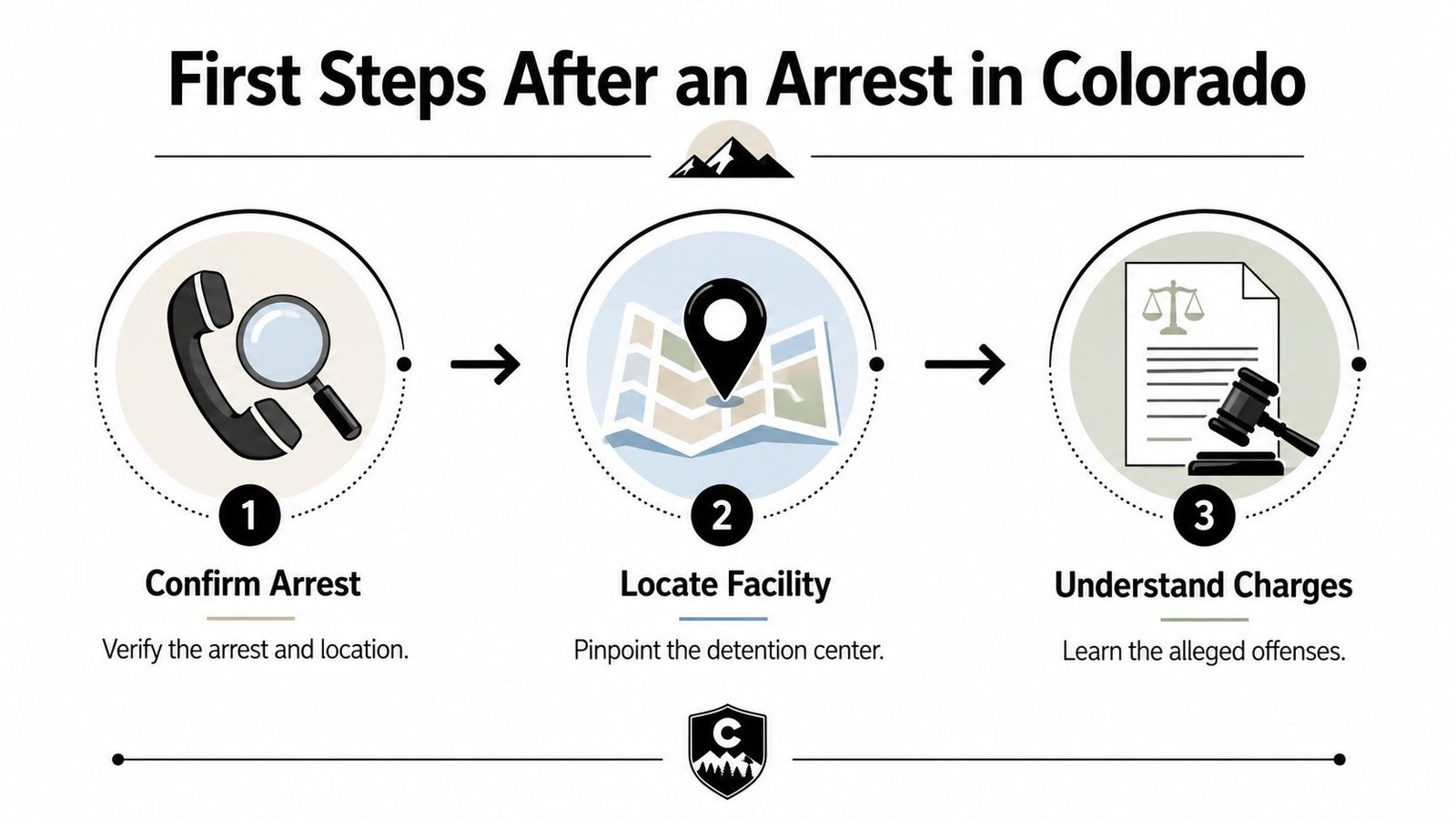 A graphic showing three steps to follow after an arrest in Colorado, including confirming the arrest, locating the facility, and understanding charges.